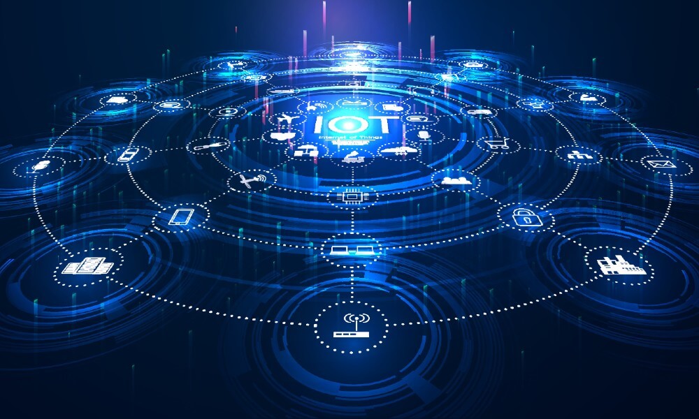 3D illustration of IoT devices icons interconnected together.