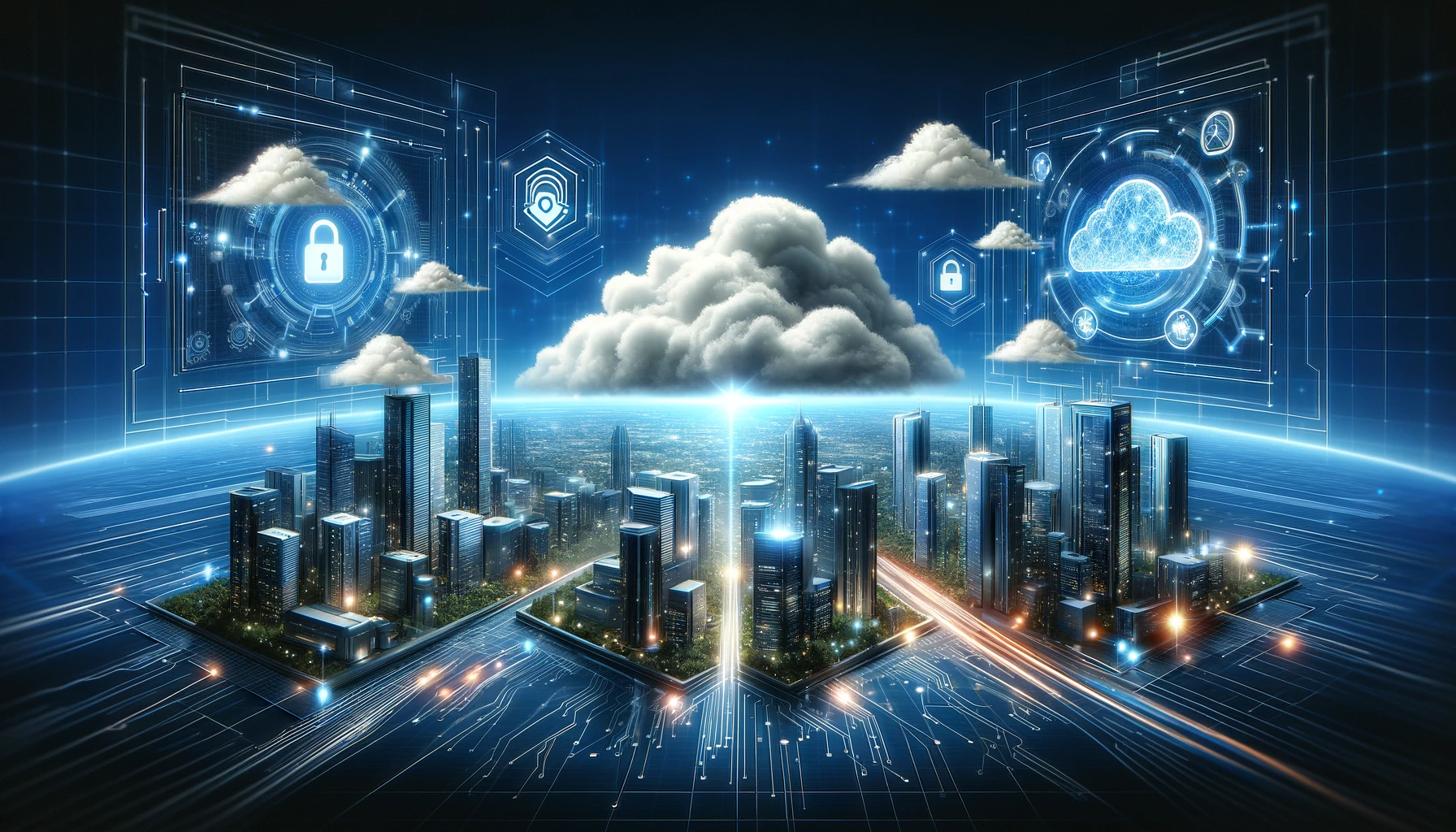 Futuristic digital landscape symbolizing Azure Entra Private Access and cloud security, featuring technology structures and secure network connections in shades of blue and silver.