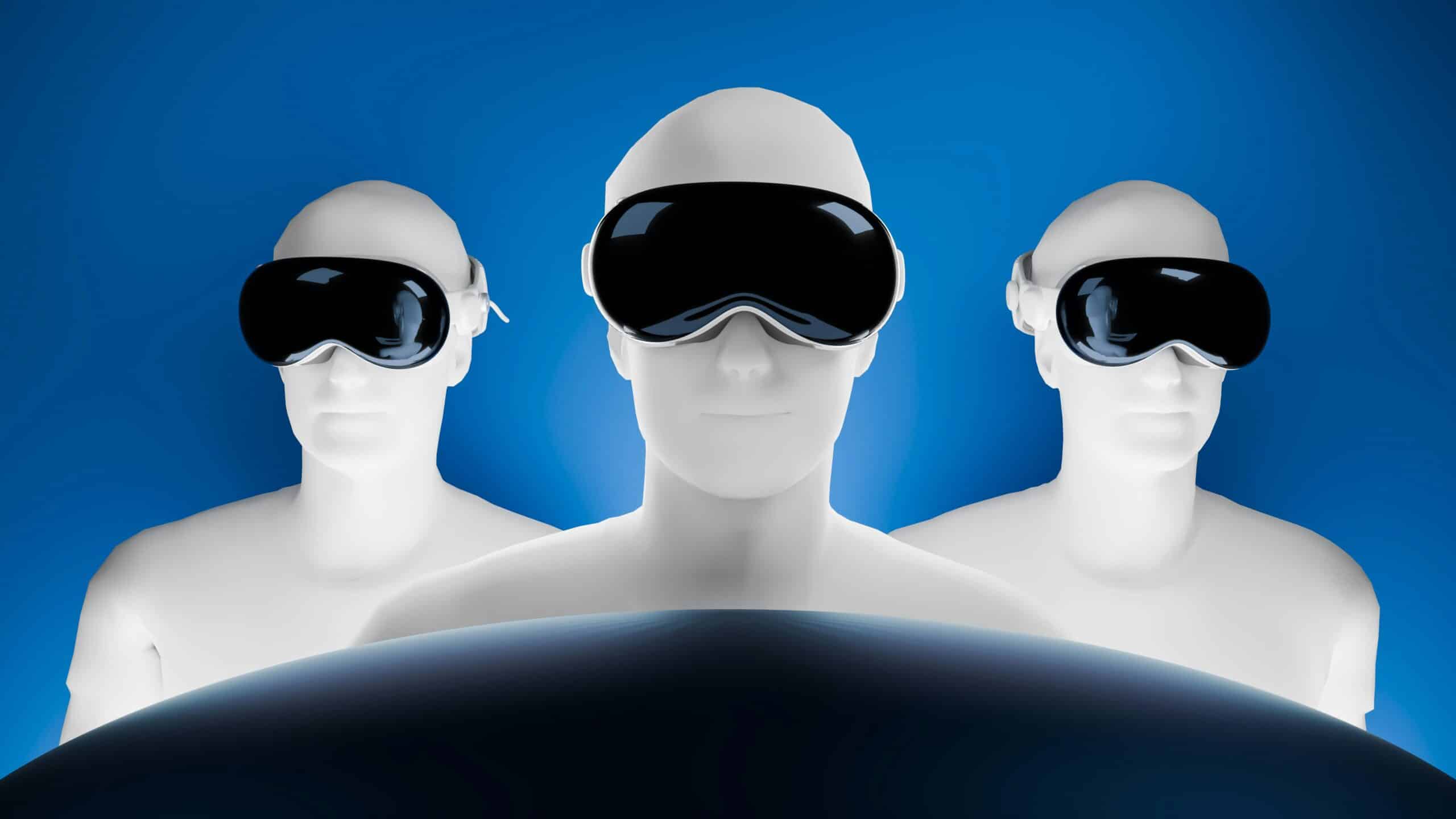 Three people wearing Apple Vision Pro headsets experiencing the StagePlay virtual reality theater app at the Blue Man Group premiere showcase in December 2025.
