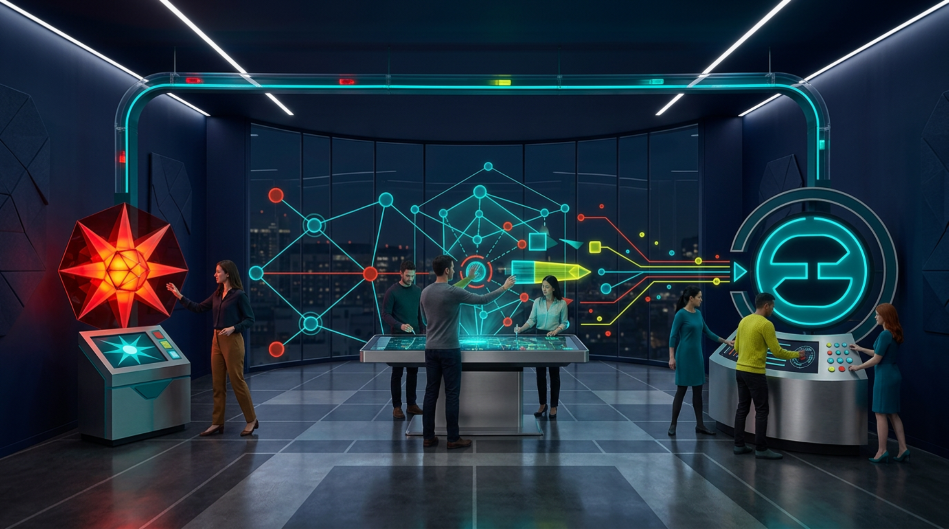 A team in a control room oversees an automated development pipeline flowing from an idea on the left through decision nodes to a code merge point on the right.